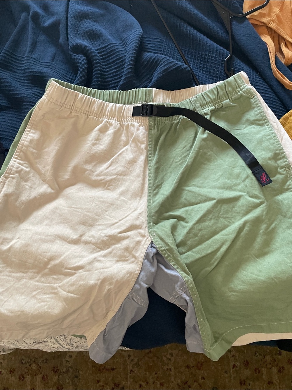 Men's Two-Tone Green & White Athletic Shorts with Webbing Belt